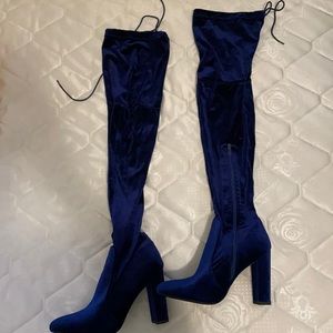 Public Desire Blue Velvet Thigh High Boots